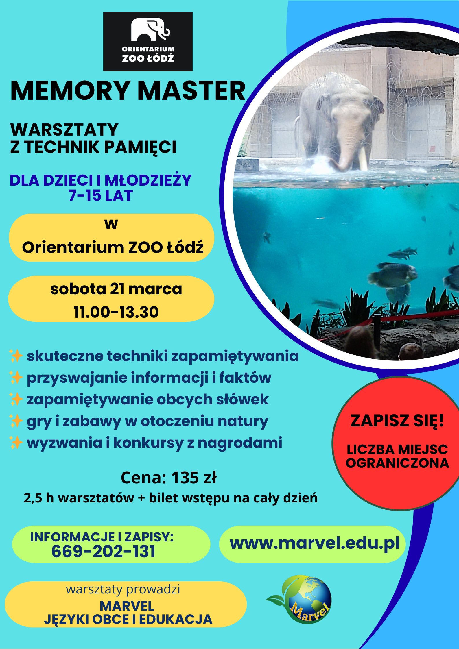 Plakat reklamujący warsztaty z technik pamięci.