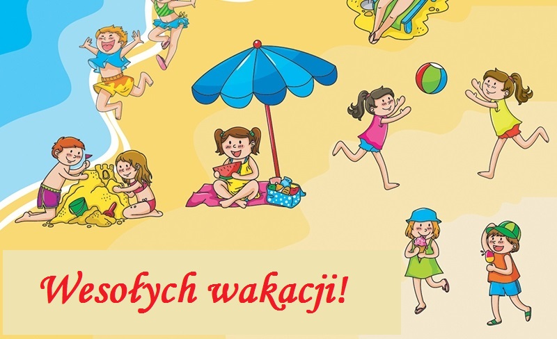 Kolorowy rysunek dzieci bawiących się na plaży i napis Wesołych wakacji.