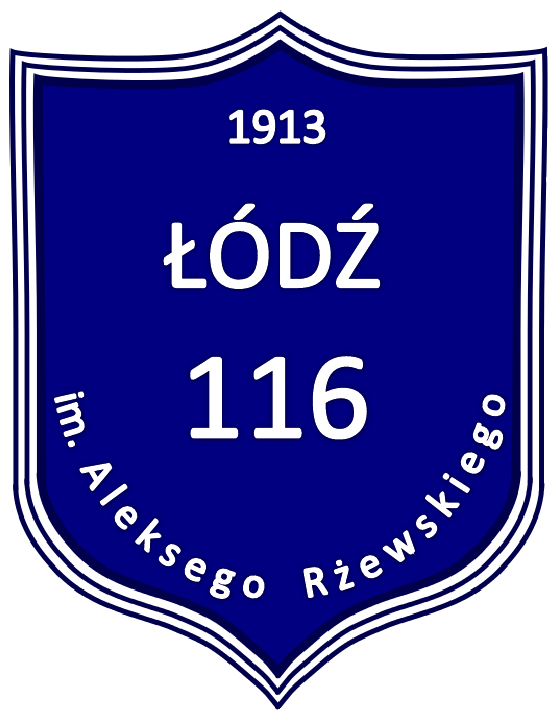 Granatowa tarcza szkolna z napisem: 1913 Łódź 116 im Aleksego Rżewskiego