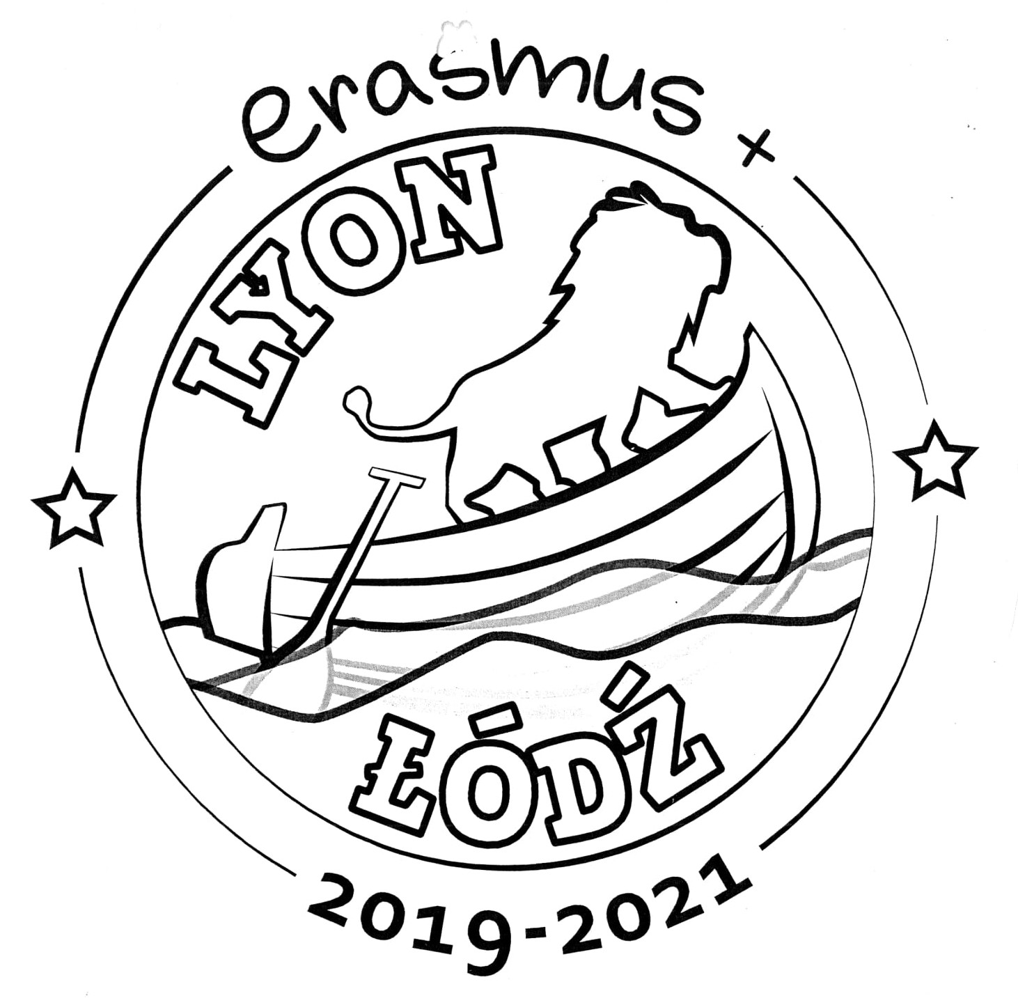 Logo projektu: lew stojący na łódce, napisy Erasmus, Lyon, Łódź, 2019 - 2021.