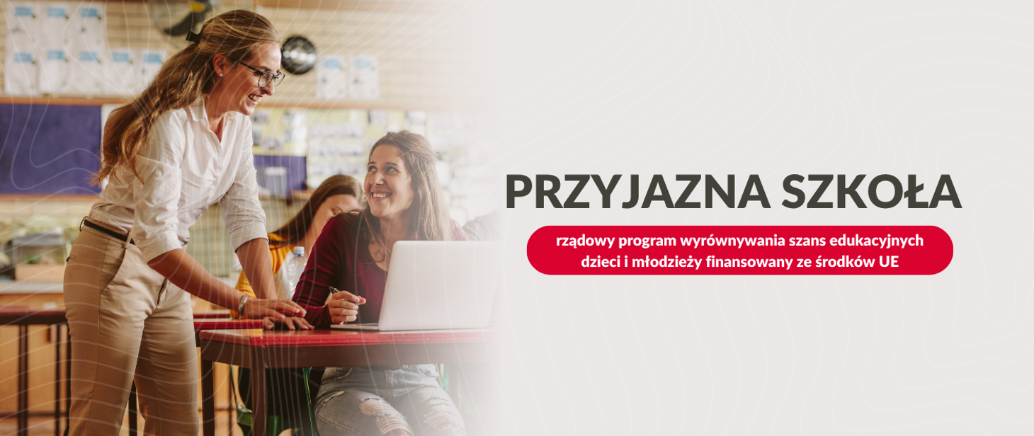 Nauczycielka i uczennica podczas lekcji i napis: rządowy program wyrównywania szans edukacyjnych dzieci i młodzieży finansowany ze środków Unii Europejskiej