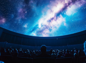 Nocne niebo wyświetlane w sali kinowej.
