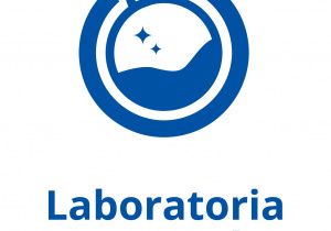 Niebieska kolba i podpis Laboratoria przyszłości.