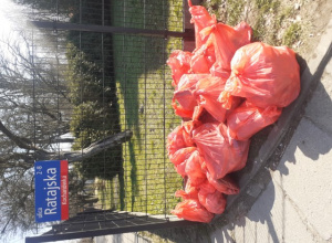 Pomarańczowe worki, w które uczniowie zbierali śmieci.