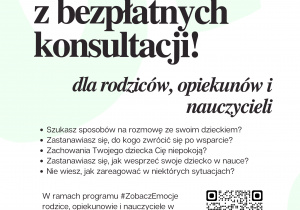 Plakat zachęcający do korzystania z z bezpłatnych konsultacji online z ekspertami.