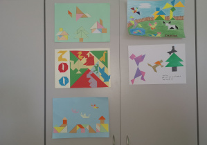 Prace plastyczne przedstawiające ilustracje wykonane za pomocą tangramu