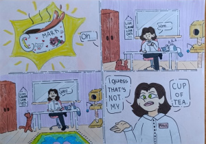 Praca konkursowa Klaudii Kurzawskiej, która zajęła 1 miejsce w konkursie “Draw that idiom”.