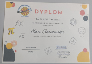 Dyplom za zajęcie 2. miejsca w konkursie.