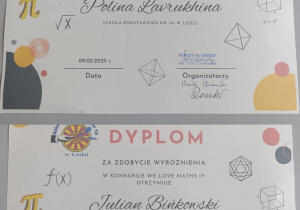 Dwa dyplomy za zdobycie wyróżnienia w konkursie.