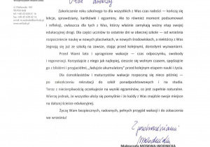 List pani wiceprezydent Miasta Łodzi skierowany do uczniów łódzkich szkół.