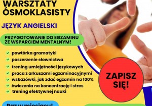 Kolorowy plakat przedstawiający ofertę szkoły językowej Marvel.