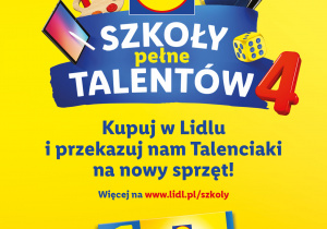 Żółto niebeski plakat promujący akcję Szkoły pełne talentów.