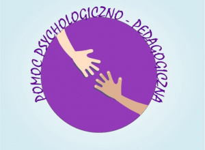 Dwie dłonie na tle fioletowego koła i napis Pomoc Psychologiczno - pedagogiczna