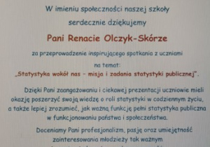 Podziękowania za przeprowadzone zajęcia dla Pani Renaty Olczyk- Skóra