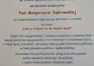 Podziękowania za przeprowadzone zajęcia dla Pani Małgorzaty Dąbrowskiej