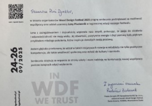 List przesłany do dyrekcji naszej szkoły, w którym organizatorzy festiwalu dziękują naszej uczennicy za pomoc w organizacji festiwalu.