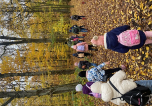 Uczniowie z klasy 2c idą leśną ścieżką za przewodnikiem.