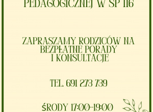 Beżowo-zielony plakat, zawierający informacje na temat centrum pedagogiczno-psychologicznego w naszej szkole.