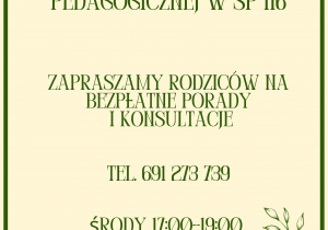 Beżowo-zielony plakat, zawierający informacje na temat centrum pedagogiczno-psychologicznego w naszej szkole.