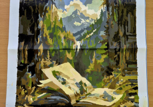 braz przedstawiający książkę w lesie na tle gór.