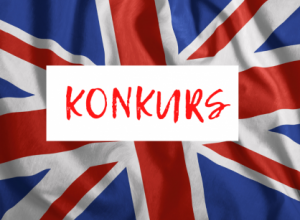 Napis Konkurs na tle flagi Wielkiej Brytani.