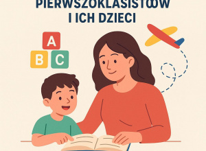 Plakat z najważniejszymi informacjami o warsztatach oraz ilustracją na której kobieta z chłopcem wspólnie czytają książkę.