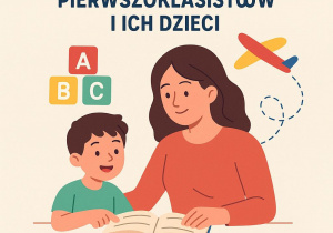 Plakat z najważniejszymi informacjami o warsztatach oraz ilustracją na której kobieta z chłopcem wspólnie czytają książkę.