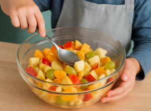 Uczeń miesza kolorowe owoce umieszczone w misce.