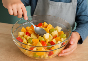 Uczeń miesza kolorowe owoce umieszczone w misce.