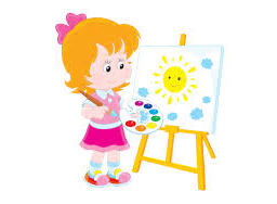 Rysunek dziewczynki, która stoi przed sztalugą i maluje farbami słońce.