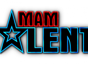 Logo konkursu Mam Talent: napis w kolorze niebieskim i czerwonym.