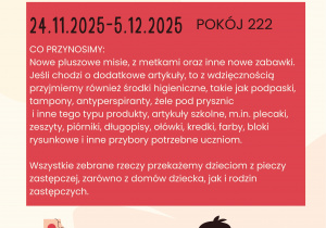 1.Różowo-pomarańczowy plakat informujący o zbiórce organizowanej przez Samorząd Uczniowski oraz Koło Wolontariatu.