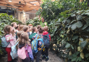 Uczniowie klasy 1b stoją wśród zieleni słuchają opowieści przewodnika