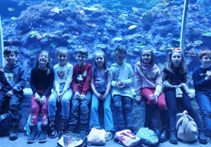 Uczniowie klasy 1 b pozują w tunelu na tle rafy koralowej