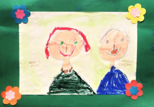 Rysunek babci i dziadka w zielonej ramce wykonany farbami plakatowymi.