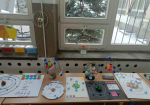 Modele budowy atomów pierwiastków chemicznych wykonane przez uczniów klas siódmych.