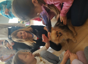 Trzy uczennice głaszczą małego pieska rasy szpic miniaturowy.