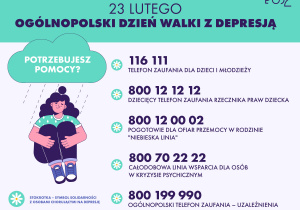 Plakat informujący o numerach telefonów dla osób potrzebujących pomocy.