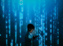 Sylwetkę dziecka wpatrzonego w smartfona, otoczona kaskadami cyfrowych danych.