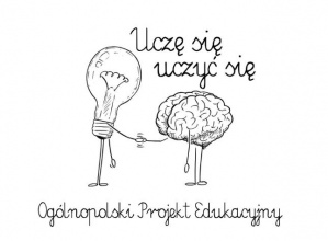 Grafika projektu Uczę się uczyć: rysunek żarówki ściskającej dłoń mózgu.