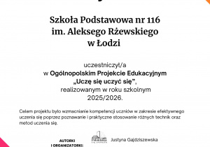 Certyfikat zdobyty przez szkołę w programie Uczę się uczyć.