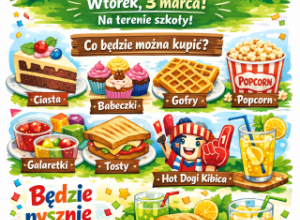 Plakat reklamujący sklepik klasy 2 c przedstawiający kolorowe ilustracje ciast, ciastek, hot dogów itp.