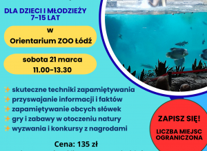 Kolorowy plakat reklamujący warsztaty z technik pamięci w łódzkim Orientarium.