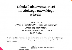 Certyfikat potwierdzający ukończenie przez uczniów projektu edukacyjnego