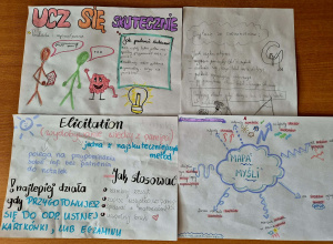 Kolorowe plakaty wykonane przez uczniów z klasy 7C na temat metod efektywnego uczenia się.