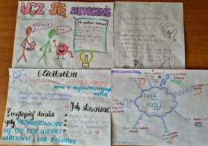 Kolorowe plakaty wykonane przez uczniów z klasy 7C na temat metod efektywnego uczenia się.