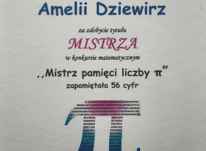 Dyplom dla mistrzyni liczby Pi, która zapamiętała 56 cyfr.