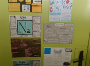 Prace konkursowe wyeksponowane na żółtych drzwiach pracowni chemicznej.
