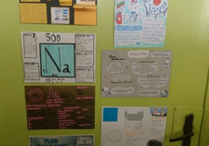Prace konkursowe wyeksponowane na żółtych drzwiach pracowni chemicznej.