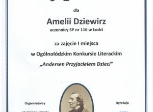 Dyplom dla Amelii Dziewirz za zajęcie 1. miejsca w Ogólnołódzkim Konkursie Literackim.